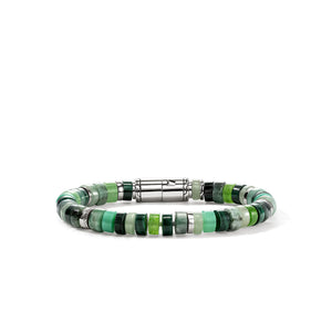 A beaded stretch bracelet featuring polished green stone beads with a polished silver-toned cylindrical clasp, displayed on a clean white background.