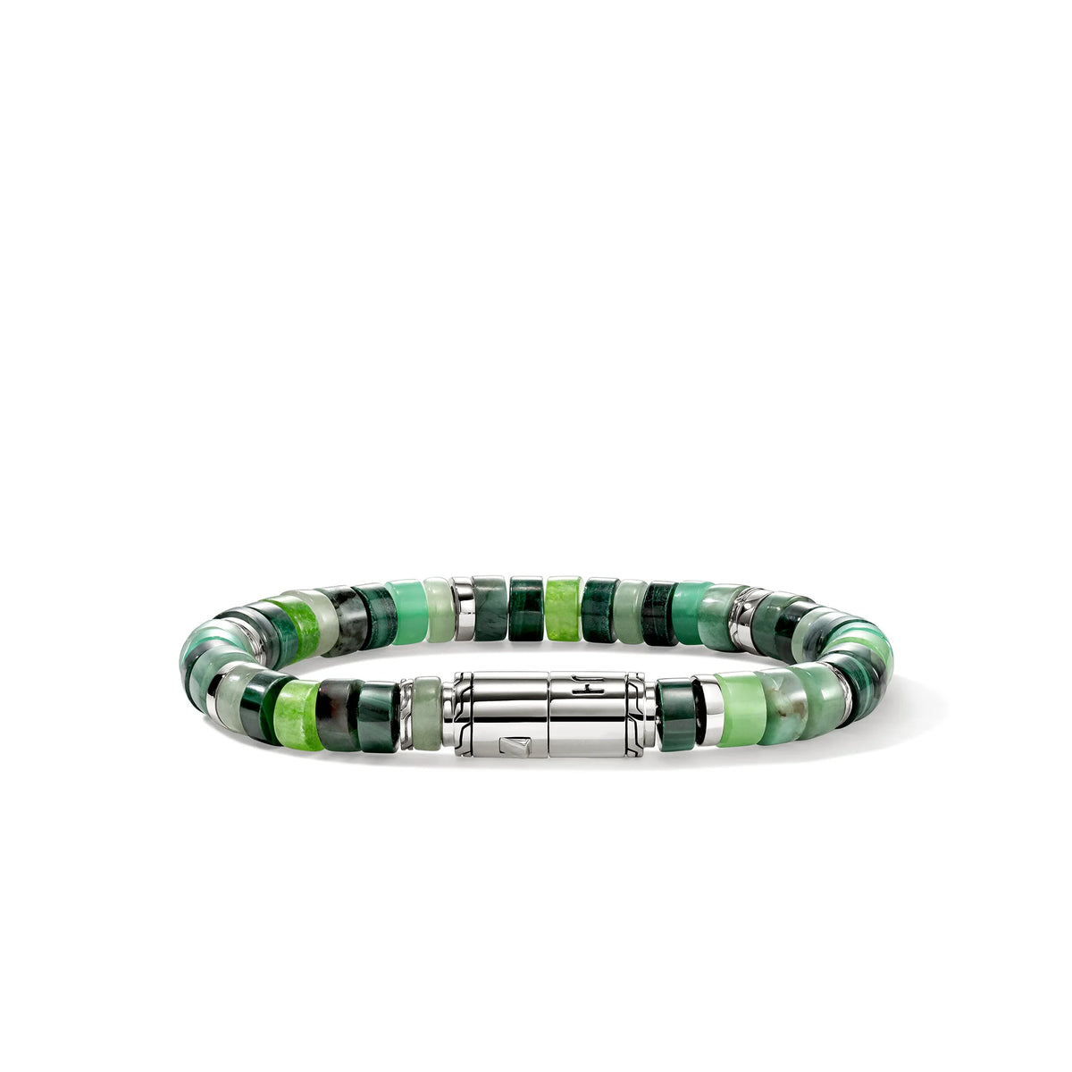 Front view of 8mm Heishi Beaded Bracelet in Emerald showcasing green stone beads and sterling silver clasp on white background
