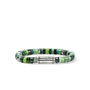 A beaded stretch bracelet featuring alternating translucent green and dark green stone beads, accented with silver-toned metal spacers and a central silver-toned magnetic clasp, shown on a plain white background.