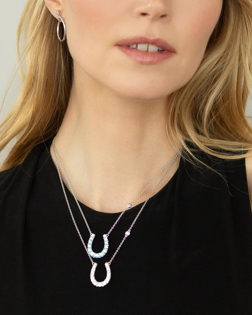 "Luck" Horseshoe Necklace with Blue Topaz, Mother of Pearl, and Blue Sapphire