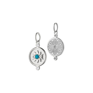 Front and back of Mini Protect Evil Eye charm showing center turquoise and white sapphire accents on white background