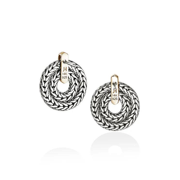 Front view of 14K yellow gold and reclaimed sterling silver icon link earrings with woven links and gold accents on white