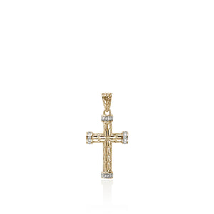 Gold cross pendant with embedded stones on a white background