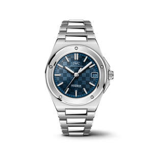 Stainless steel IWC watch with blue dial on a white background