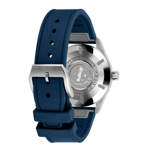 Wristwatch with blue strap and silver case on a white background