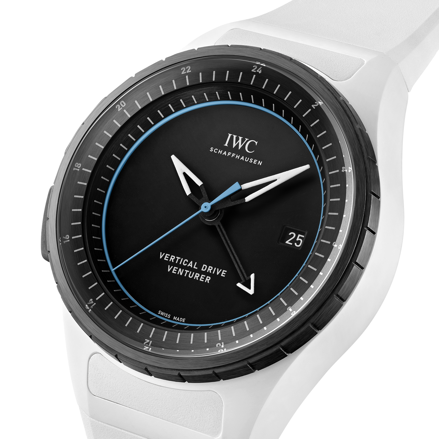 IWC watch with black dial and white strap on a white background