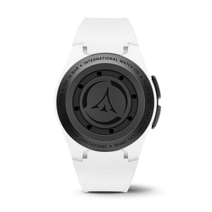 Rear view of Pilot's Venturer Vertical Drive watch showcasing black engraved case back and white rubber strap on white background