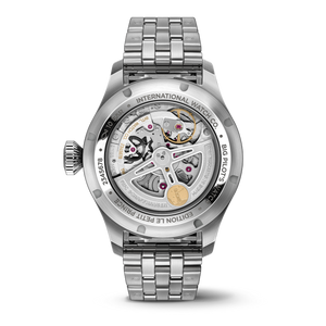 Rear view of IWC Big Pilot's Watch Le Petit Prince showing exhibition caseback with movement and stainless steel bracelet