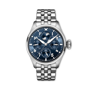 Front view of Big Pilot's Perpetual Calendar watch with blue sunburst dial, moonphase and metal bracelet on white background