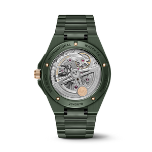 Rear view of Ingenieur Automatic 42 showing exhibition caseback with visible automatic movement and green ceramic case and bracelet