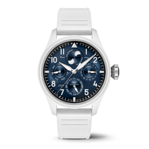 Front view of IWC Big Pilot Le Petit Prince Perpetual Calendar showing blue dial with moonphase and white strap