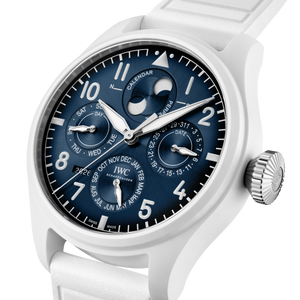 Angled close-up of Big Pilot's Perpetual Calendar 'Le Petit Prince' blue dial with moonphase and subdials on white case