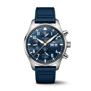 Front of IWC Pilot's Chronograph Le Petit Prince with blue dial, subdials, day-date, gold hands, steel case, rubber strap