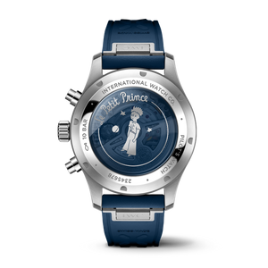 Back view of Pilot's Watch Chronograph Le Petit Prince showing engraved Le Petit Prince caseback and blue strap on white background
