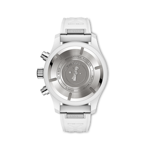 Back view of Pilot's Watch Chronograph 41 Le Petit Prince showing engraved caseback of the Little Prince and white rubber strap on white background