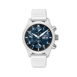 Front of Pilot's Watch Chronograph 41 Le Petit Prince with blue sunburst dial, chronograph, day-date window and white strap