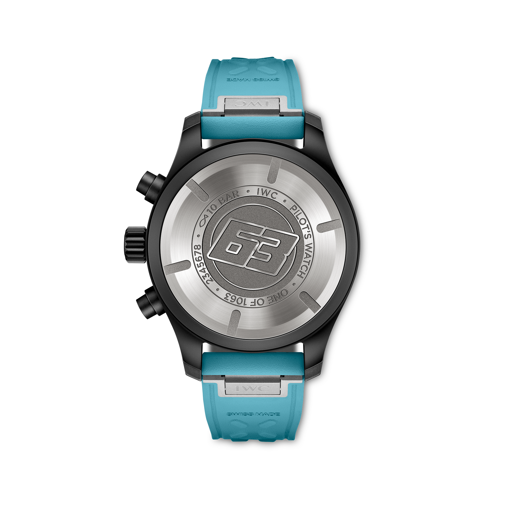 Caseback of pilot's watch engraved 63, ring text 10 BAR • IWC • PILOT'S WATCH, turquoise strap stamped SWISS MADE