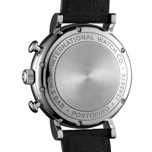 Back of stainless-steel watch engraved 'INTERNATIONAL WATCH CO. · 3 BAR · PORTOFINO · 2345678'