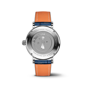 Rear view of IWC Portofino Automatic Day & Night 34 Le Petit Prince showing engraved caseback and orange strap