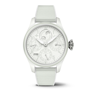White IWC watch with detailed face on a white background