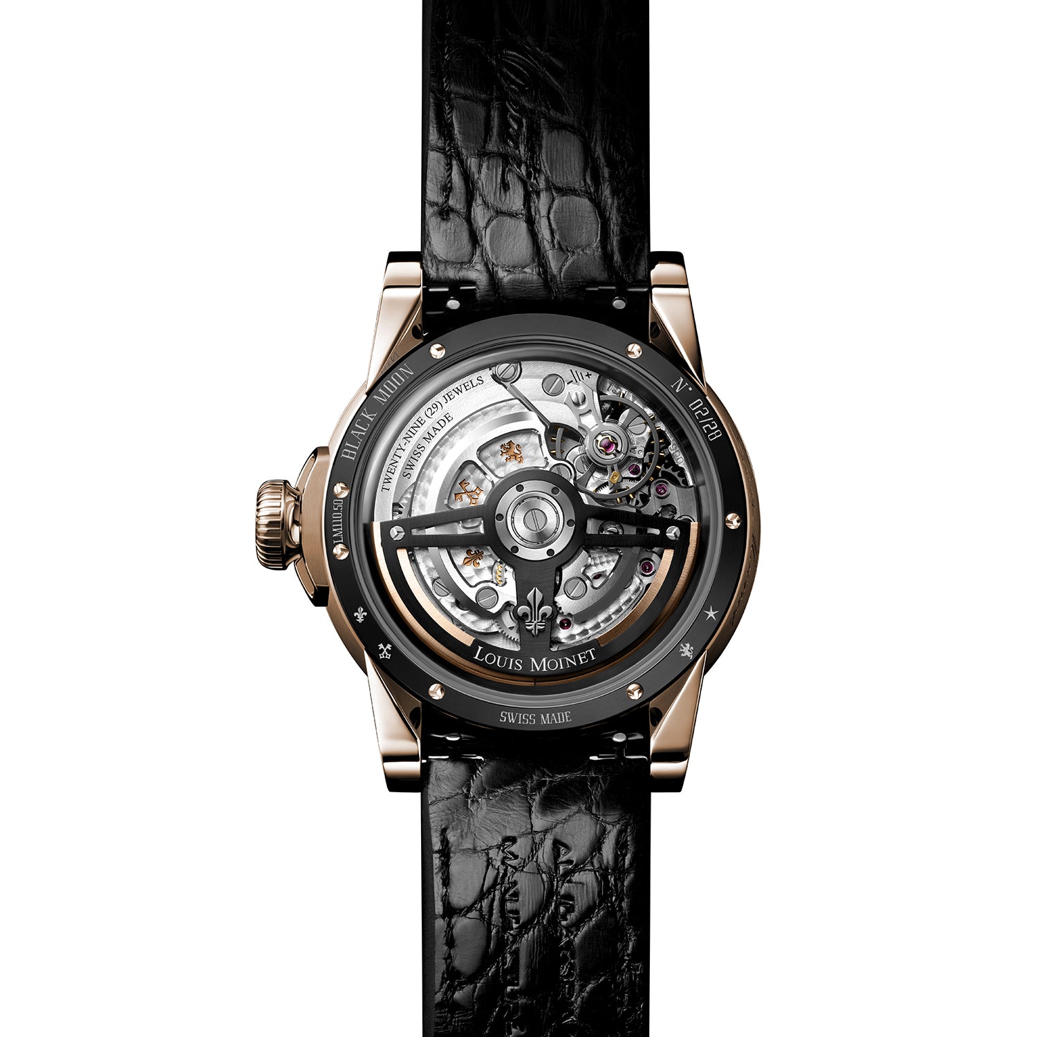 Rear view of Louis Moinet Black Moon 18K red gold watch showing exhibition caseback with visible movement and black leather strap