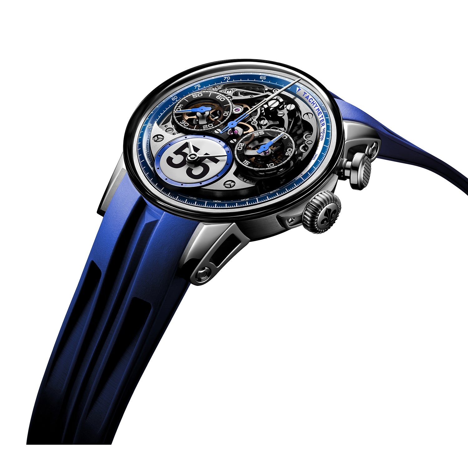 Side view of Louis Moinet Time To Race watch with skeleton dial, chronograph subdials, blue tachymeter and rubber strap