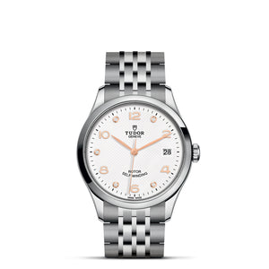 Front view of Tudor 1926 36mm stainless steel watch showcasing white dial with diamond markers, rose gold hands, date at 3