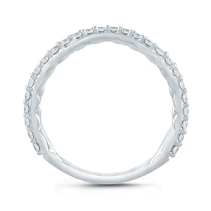 Top-down view of Diamond Contour wedding band with small round diamonds, contoured profile, and quilted interior on white background
