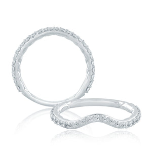 Top and front views of contoured diamond wedding band in white gold with pave diamonds and quilted interior