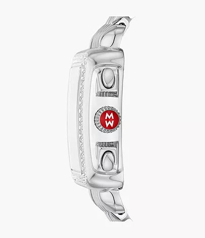Side view of Deco stainless steel diamond watch showcasing red logo crown and diamond-set rectangular case on white background