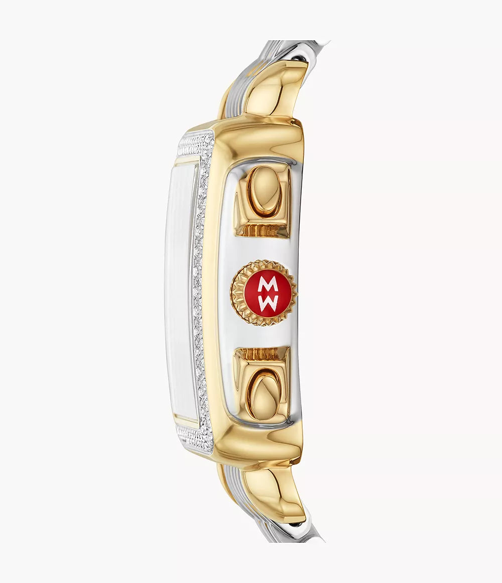 Side view of Deco two-tone 18k gold watch with diamond-set bezel and red MW crown on white background