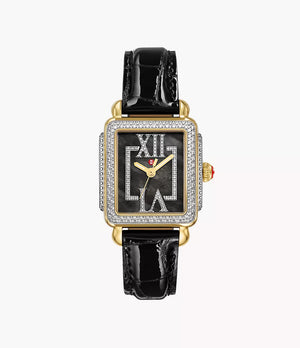 Front view of Deco Madison watch with gold-plated rectangular case and pavé diamonds, black dial, black leather strap