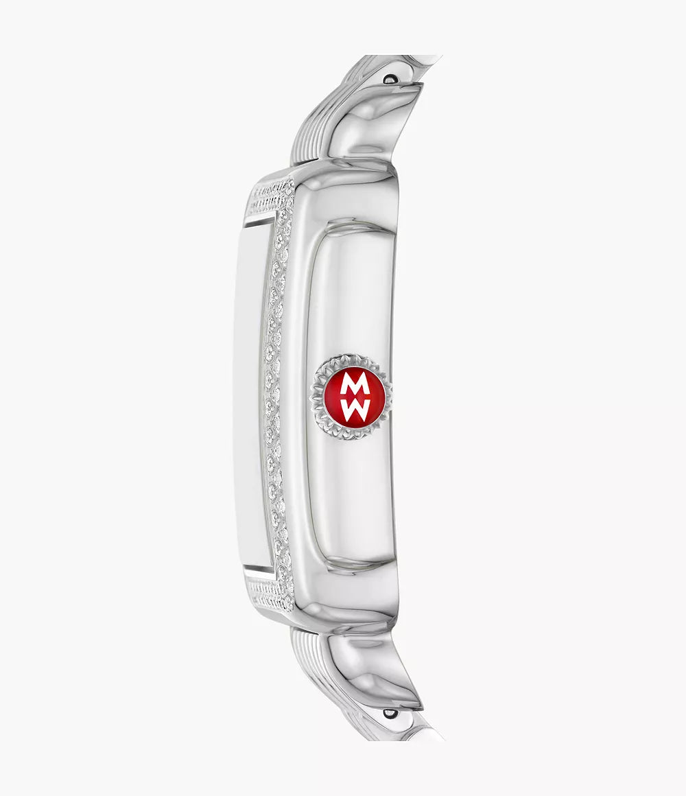 Side view of Deco Mid Diamond stainless steel watch showcasing diamond-set bezel and red MICHELE crown on white background
