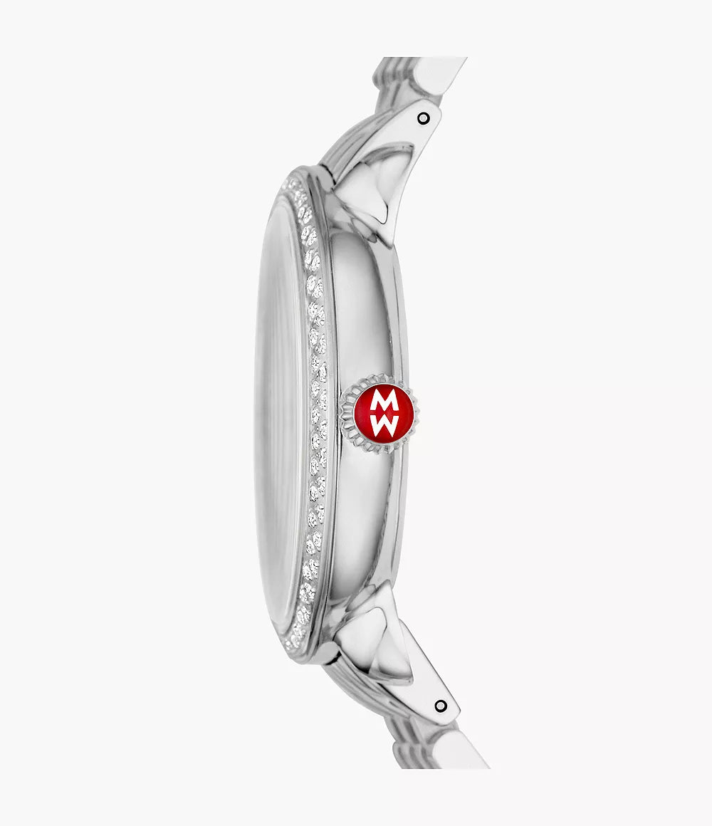 Side view of Serein Mid stainless steel diamond watch showcasing diamond-set bezel and red MW crown on white background