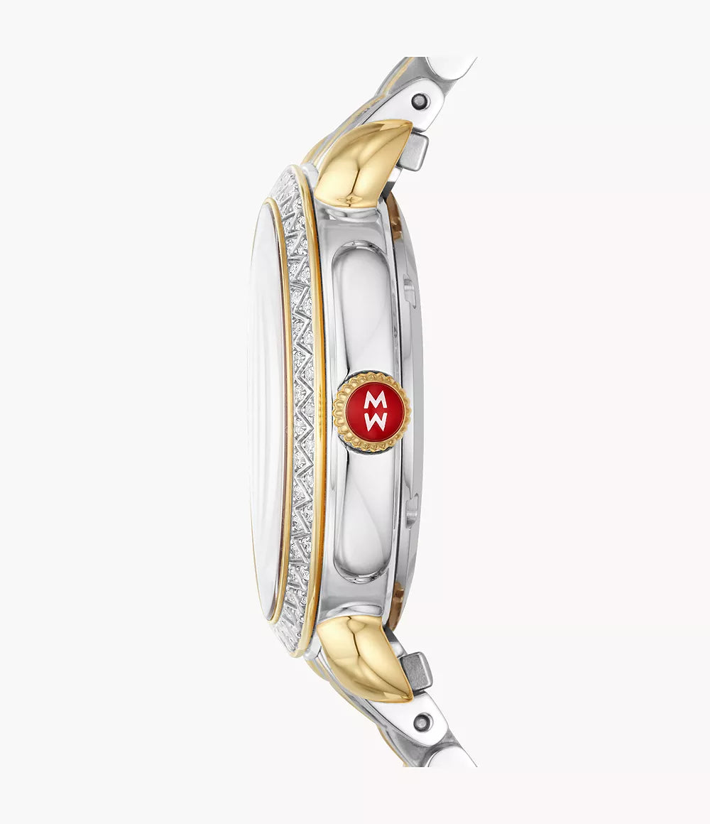 Side view of Sidney Classic Two-Tone watch showing diamond-set bezel and two-tone gold and steel case with red MW crown