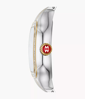 Side view of Meggie two-tone stainless steel watch showing gold crown with red MW logo and diamond bezel