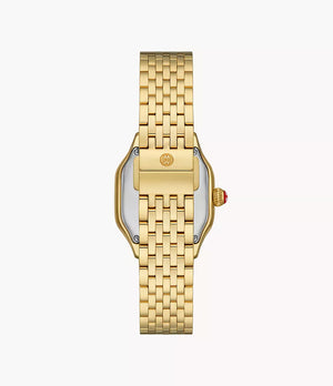 Back view of Meggie 18K gold-plated watch showing bracelet clasp engraved 'MW' and crown with red cabochon