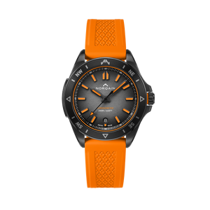Front view of NORQAIN Adventure Neverest 40mm watch with orange rubber strap, black case, grey gradient dial, compass bezel