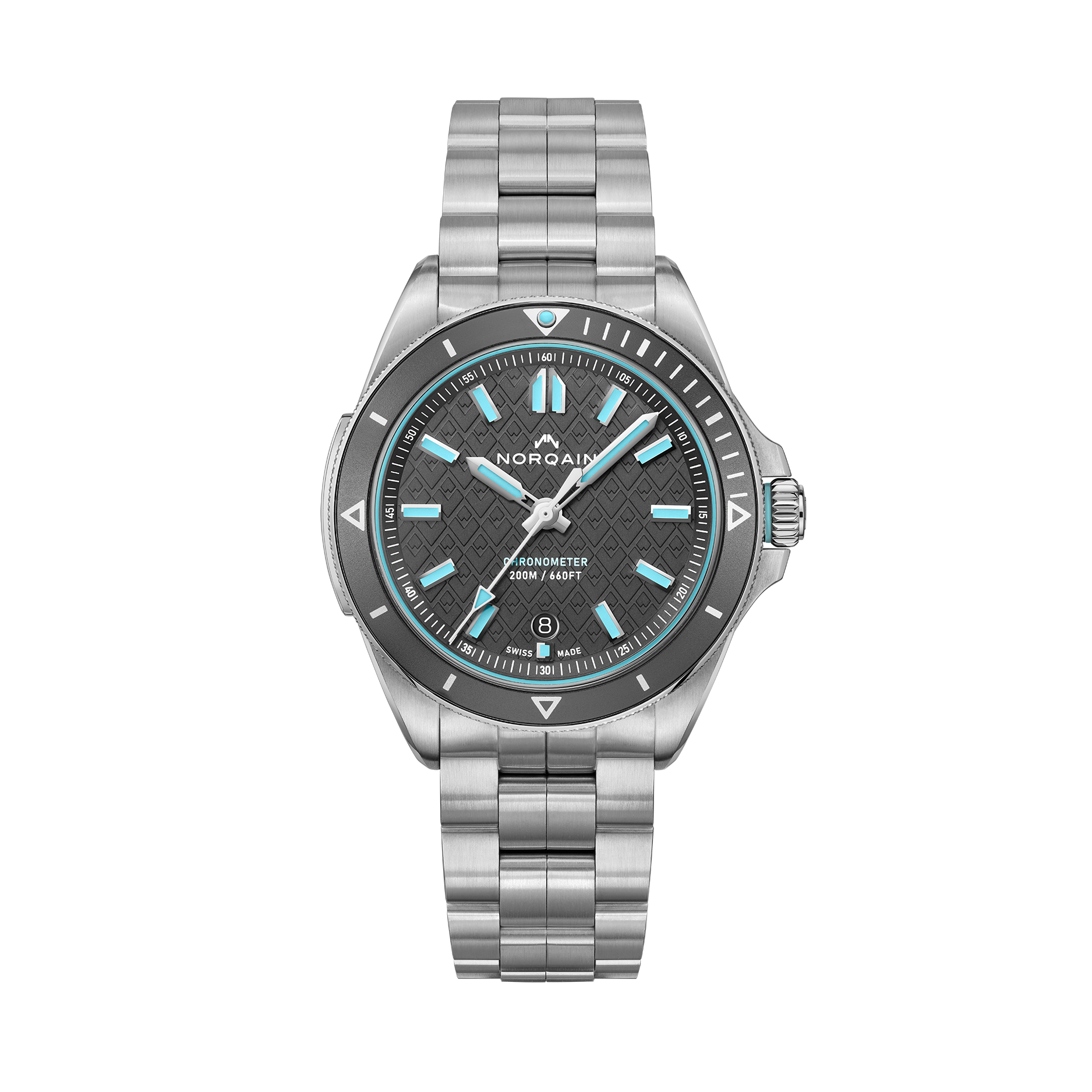 NORQAIN Adventure Grey 40mm watch — CHRONOMETER 200M / 660FT, SWISS MADE, date 8