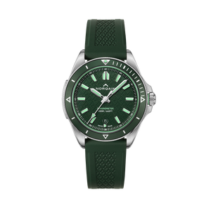 Green 40mm NORQAIN dive watch with rubber strap; dial reads NORQAIN CHRONOMETER 200M / 660FT SWISS MADE, date 8.