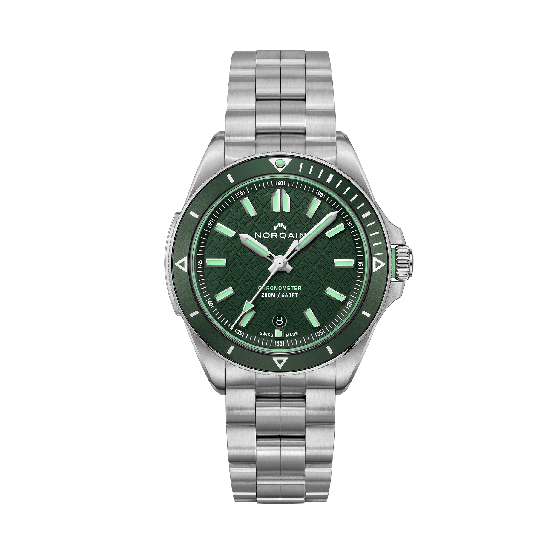 NORQAIN 40mm stainless-steel watch with green textured dial, CHRONOMETER 200M / 660FT, SWISS MADE, date 8
