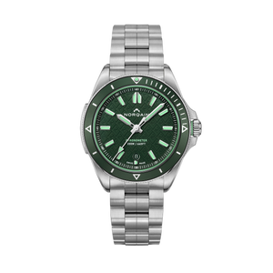 NORQAIN 40mm stainless-steel watch with green textured dial, CHRONOMETER 200M / 660FT, SWISS MADE, date 8
