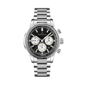 Front view of Freedom 60 Chrono 43mm steel watch showcasing black dial with three silver subdials and metal bracelet on white