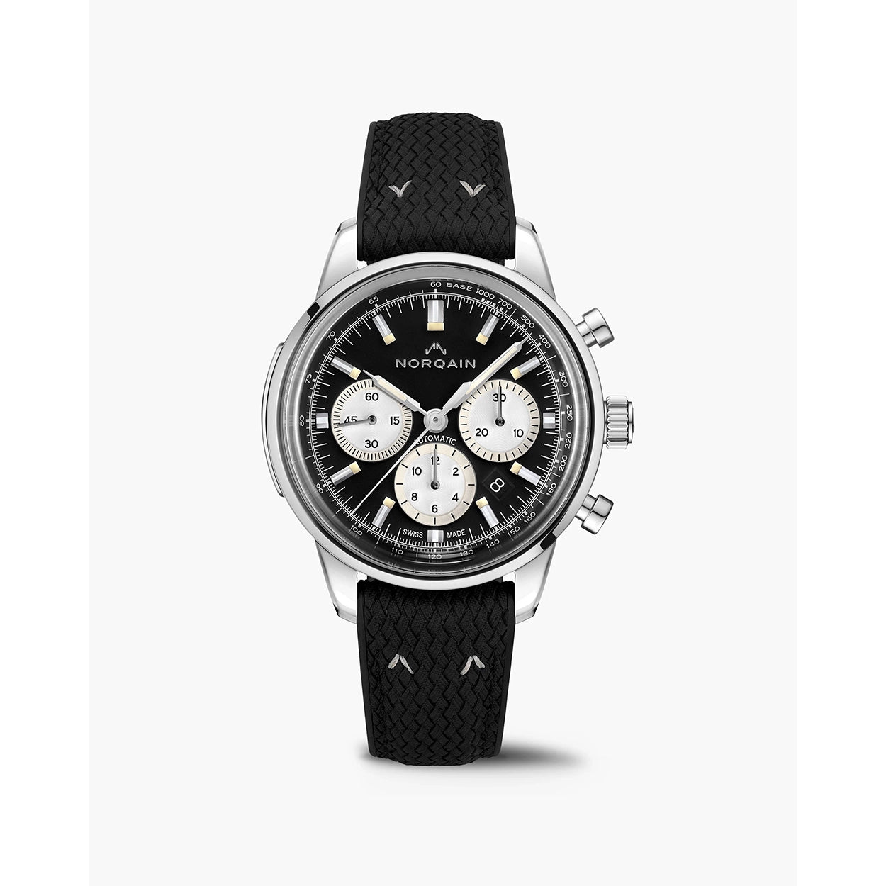 Front view of Freedom 60 Chrono 43mm showcasing black dial with silver subdials, stainless steel case, black perlon strap