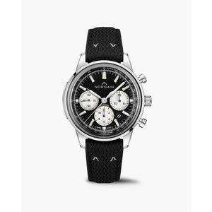 Front view of Freedom 60 Chrono 43mm showcasing black dial with silver subdials, stainless steel case, black perlon strap