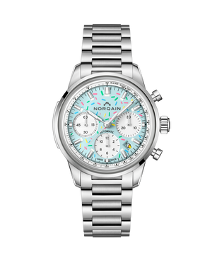 Norqain Silver watch with a colorful face on a white background