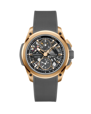 Wristwatch with a detailed face and gray strap on a white background