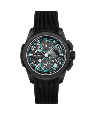 Black wristwatch with a detailed face on a white background