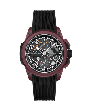 Watch with a black strap and detailed face on a white background