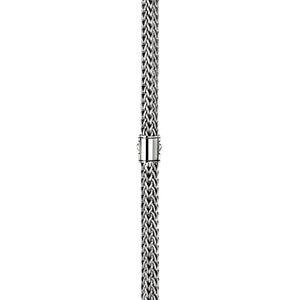 A close-up of a silver-toned woven metal necklace with a matching polished clasp, centered on a plain white background.
